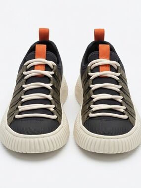 Olive and Black Low-Top Sneakers with Orange Pull Tab